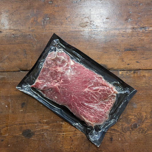 Raw steak on a black plastic tray with clear wrap on a wooden surface