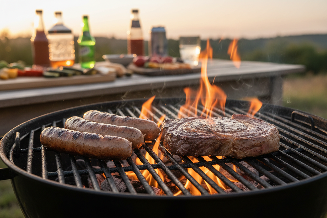 a steak and bratwursts on a grill